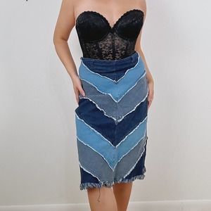 Vintage Y2K Divine Patchwork Denim Midi Skirt Size M